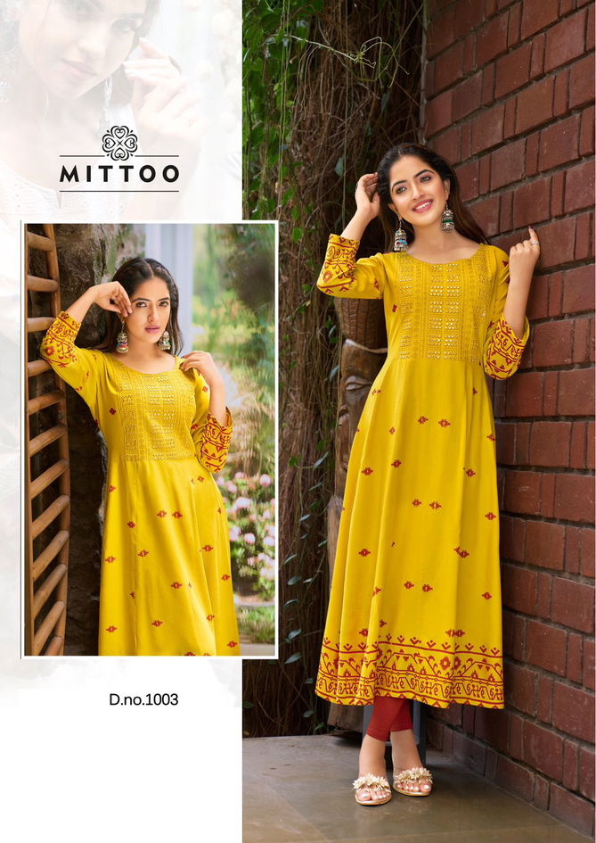 Alisha By Mittoo Rayon Printed Frock Style Designer Kurtis Wholesale 
